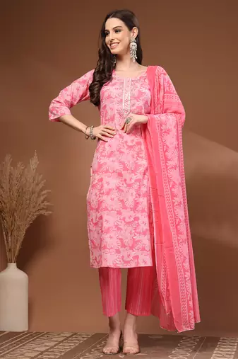 Pink floral printed cotton stitched kurta set with palazzo & dupatta for women