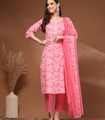 Pink floral printed cotton stitched kurta set with palazzo & dupatta for women