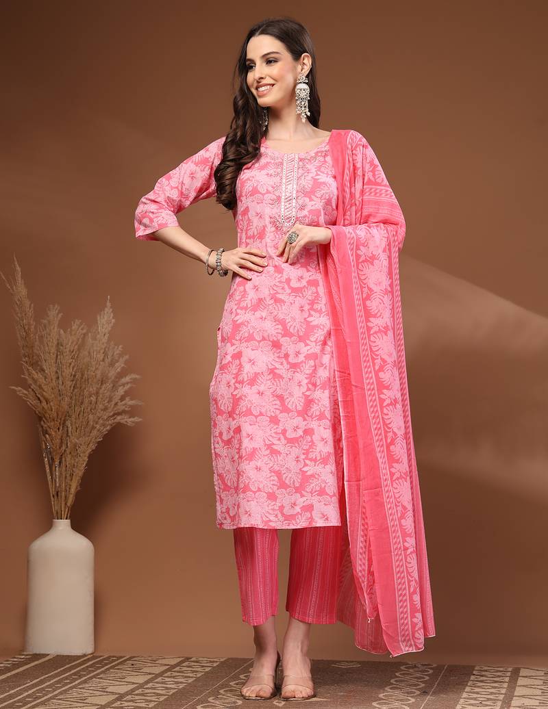 Pink floral printed cotton stitched kurta set with palazzo & dupatta for women