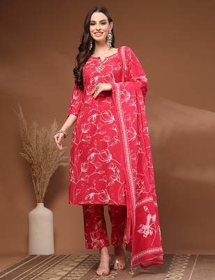 Pink floral printed cotton stitched kurta set with palazzo & dupatta for women 1