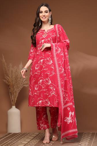 Pink floral printed cotton stitched kurta set with palazzo & dupatta for women
