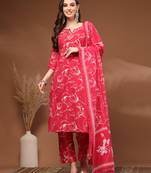 Pink floral printed cotton stitched kurta set with palazzo & dupatta for women