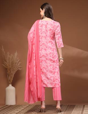 Pink floral printed cotton stitched kurta set with palazzo & dupatta for women 2