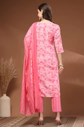 Pink floral printed cotton stitched kurta set with palazzo & dupatta for women