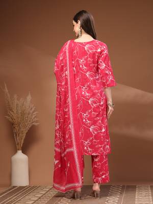 Pink floral printed cotton stitched kurta set with palazzo & dupatta for women 2