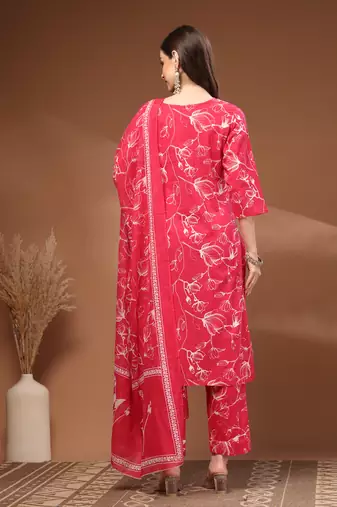 Pink floral printed cotton stitched kurta set with palazzo & dupatta for women