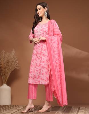 Pink floral printed cotton stitched kurta set with palazzo & dupatta for women 3