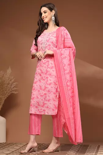 Pink floral printed cotton stitched kurta set with palazzo & dupatta for women
