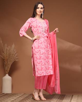 Pink floral printed cotton stitched kurta set with palazzo & dupatta for women 4