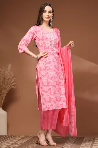 Pink floral printed cotton stitched kurta set with palazzo & dupatta for women