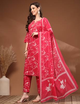 Pink floral printed cotton stitched kurta set with palazzo & dupatta for women 3
