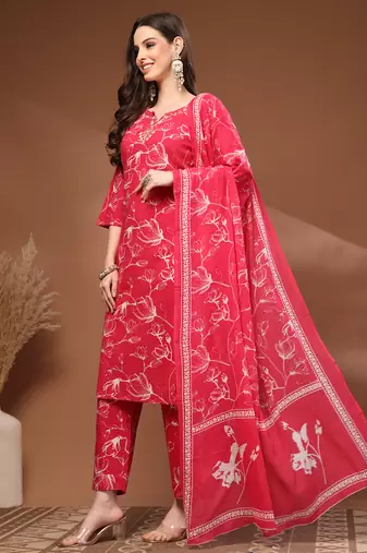 Pink floral printed cotton stitched kurta set with palazzo & dupatta for women