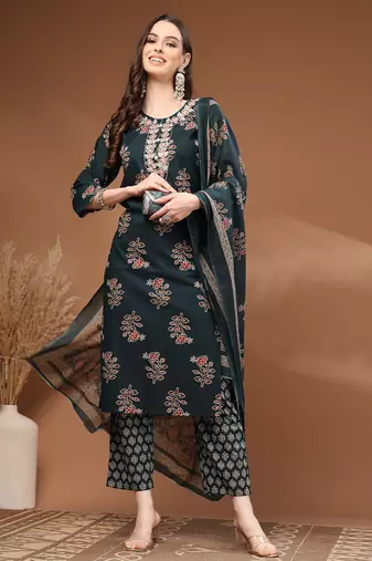 Green floral printed cotton stitched kurta set with palazzo & dupatta for women