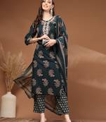 Green floral printed cotton stitched kurta set with palazzo & dupatta for women