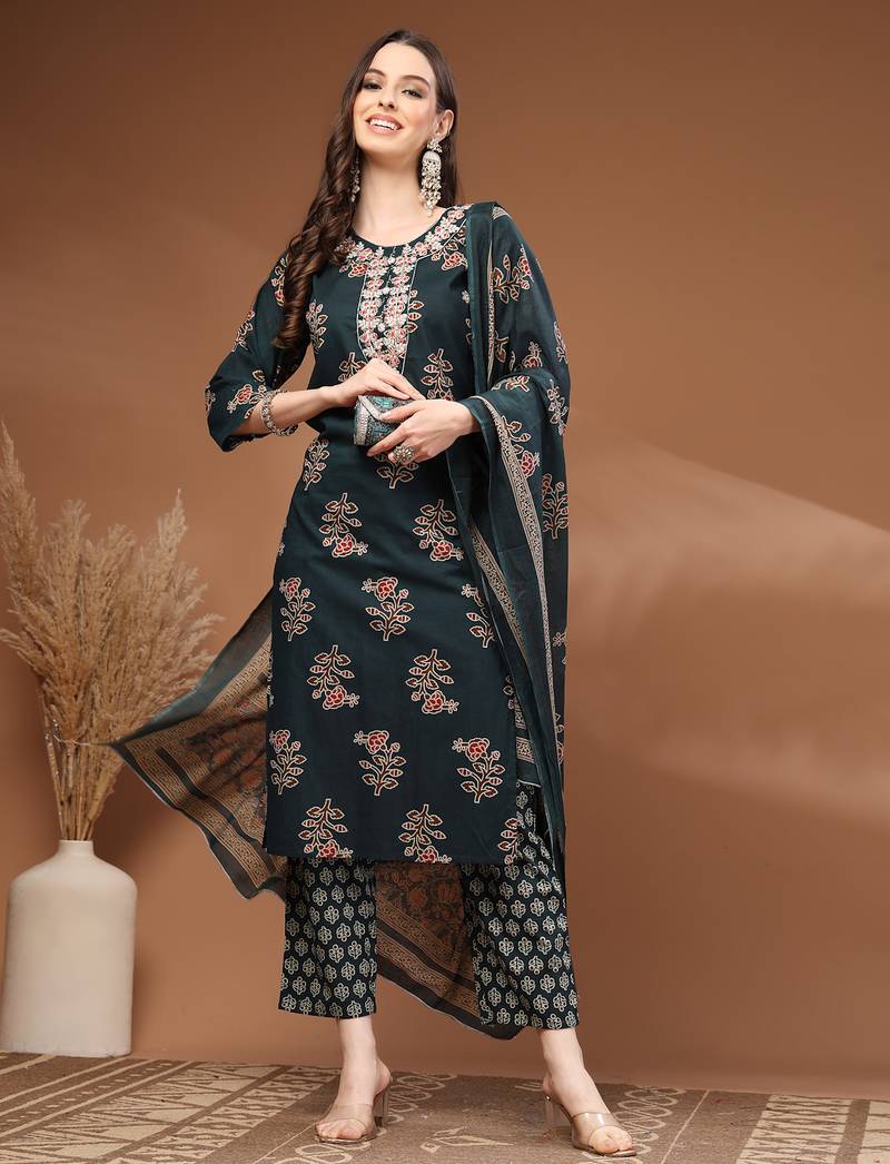 Green floral printed cotton stitched kurta set with palazzo & dupatta for women