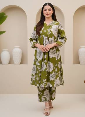 Olive floral printed cotton stitched co-ord set for women 1