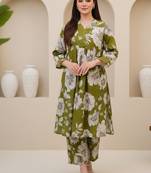 Olive floral printed cotton stitched co-ord set for women
