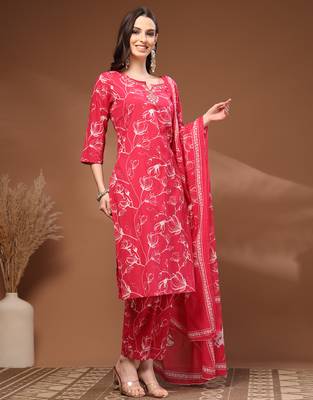 Pink floral printed cotton stitched kurta set with palazzo & dupatta for women 4