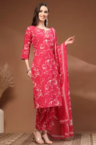 Pink floral printed cotton stitched kurta set with palazzo & dupatta for women