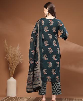 Green floral printed cotton stitched kurta set with palazzo & dupatta for women 2