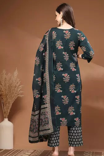 Green floral printed cotton stitched kurta set with palazzo & dupatta for women