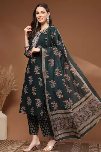 Green floral printed cotton stitched kurta set with palazzo & dupatta for women