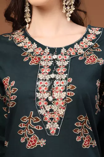 Green floral printed cotton stitched kurta set with palazzo & dupatta for women