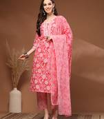 Red floral printed cotton stitched kurta set with palazzo & dupatta for women