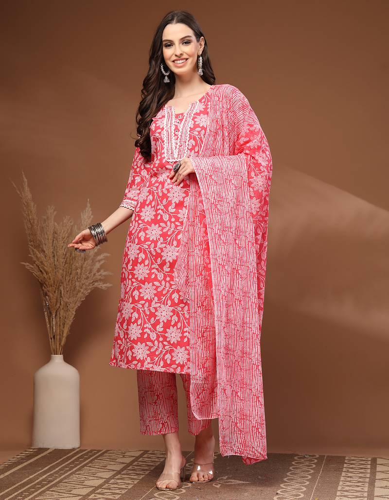 Red floral printed cotton stitched kurta set with palazzo & dupatta for women