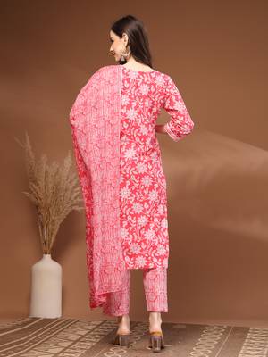 Red floral printed cotton stitched kurta set with palazzo & dupatta for women 2