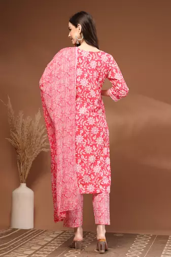 Red floral printed cotton stitched kurta set with palazzo & dupatta for women