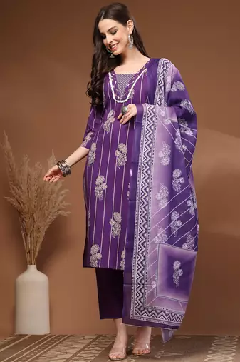 Purple floral printed cotton stitched kurta set with palazzo & dupatta for women