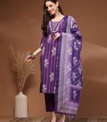 Purple floral printed cotton stitched kurta set with palazzo & dupatta for women