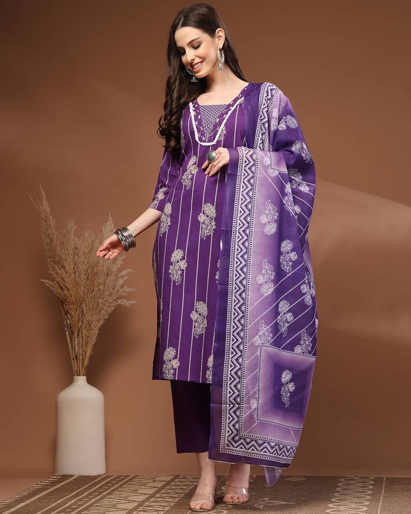Purple floral printed cotton stitched kurta set with palazzo & dupatta for women