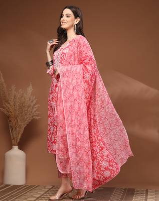 Red floral printed cotton stitched kurta set with palazzo & dupatta for women 3