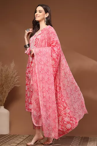 Red floral printed cotton stitched kurta set with palazzo & dupatta for women