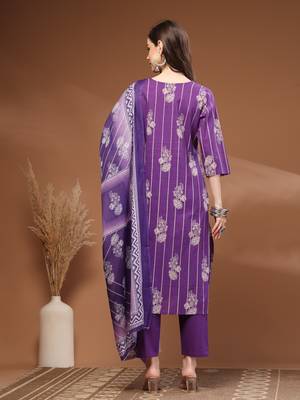 Purple floral printed cotton stitched kurta set with palazzo & dupatta for women 2