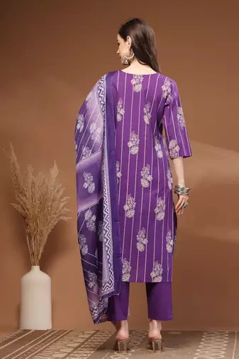 Purple floral printed cotton stitched kurta set with palazzo & dupatta for women