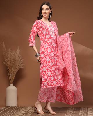 Red floral printed cotton stitched kurta set with palazzo & dupatta for women 4