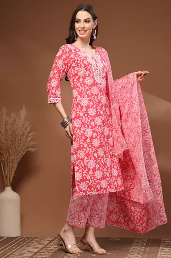 Red floral printed cotton stitched kurta set with palazzo & dupatta for women