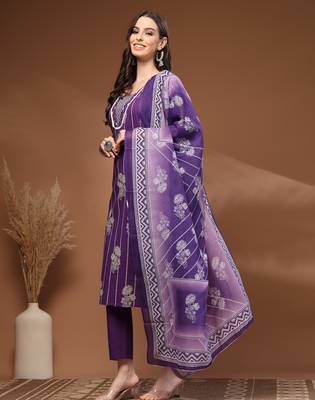 Purple floral printed cotton stitched kurta set with palazzo & dupatta for women 3