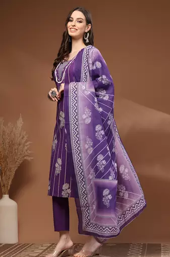 Purple floral printed cotton stitched kurta set with palazzo & dupatta for women