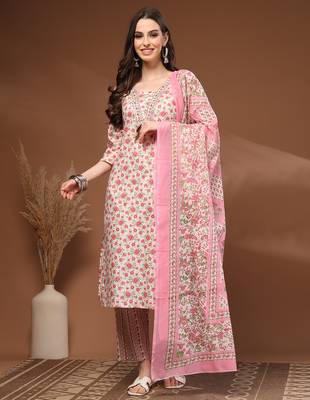 Off white floral printed cotton stitched kurta set with palazzo & dupatta for women 1