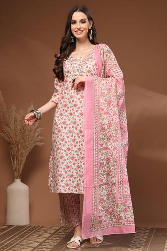 Off white floral printed cotton stitched kurta set with palazzo & dupatta for women