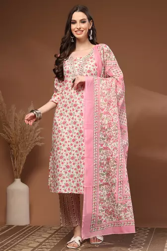 Off white floral printed cotton stitched kurta set with palazzo & dupatta for women
