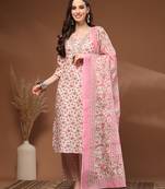 Off white floral printed cotton stitched kurta set with palazzo & dupatta for women