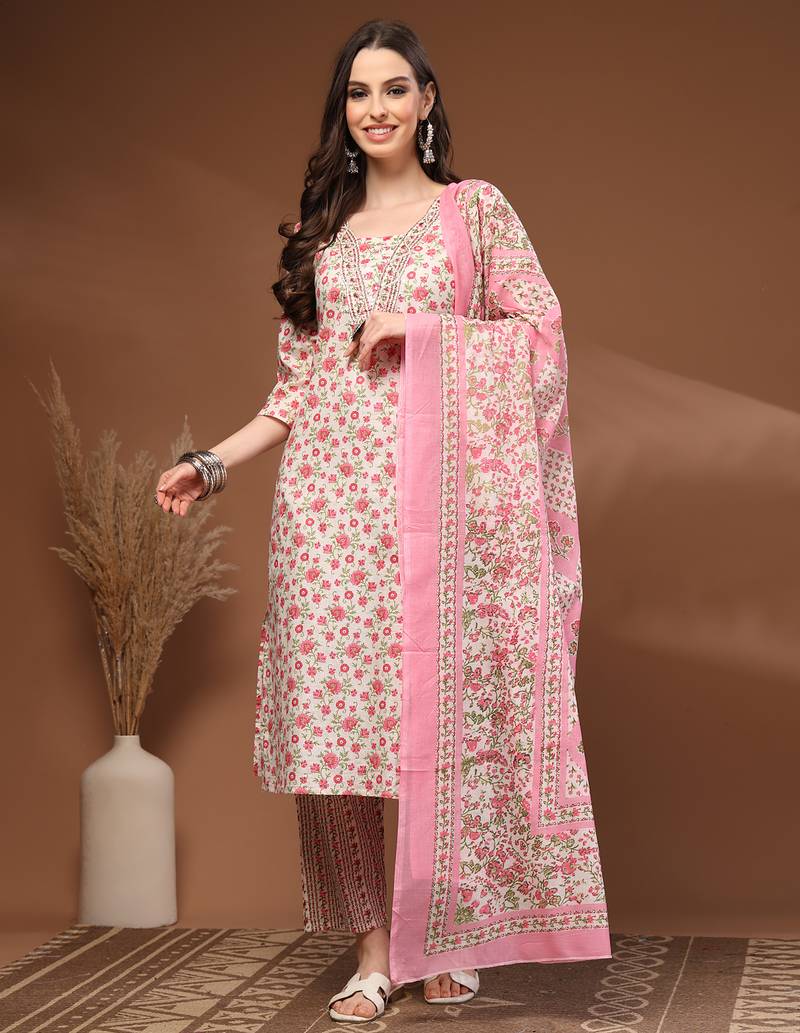 Off white floral printed cotton stitched kurta set with palazzo & dupatta for women