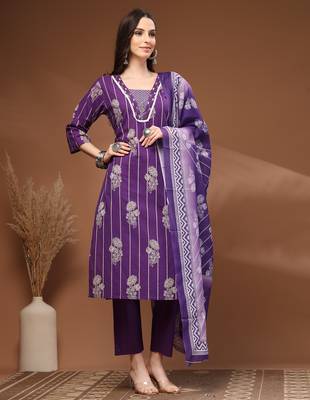 Purple floral printed cotton stitched kurta set with palazzo & dupatta for women 4