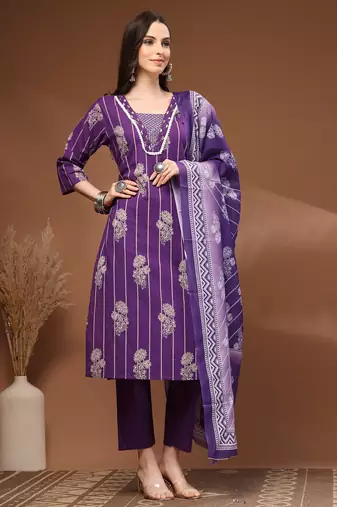 Purple floral printed cotton stitched kurta set with palazzo & dupatta for women
