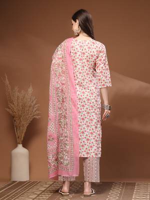 Off white floral printed cotton stitched kurta set with palazzo & dupatta for women 2